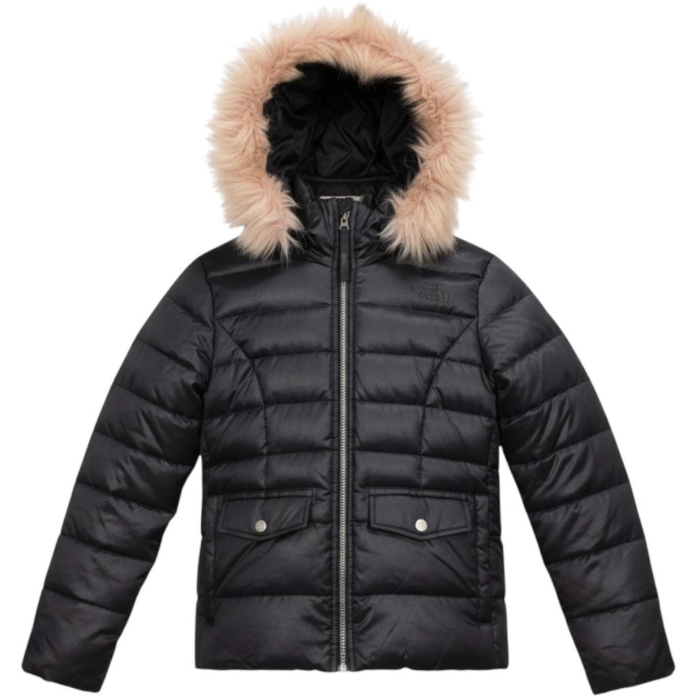 The North Face Girls Moondoggy Down Jacket Black Faux Fur Hood Size S 7/8